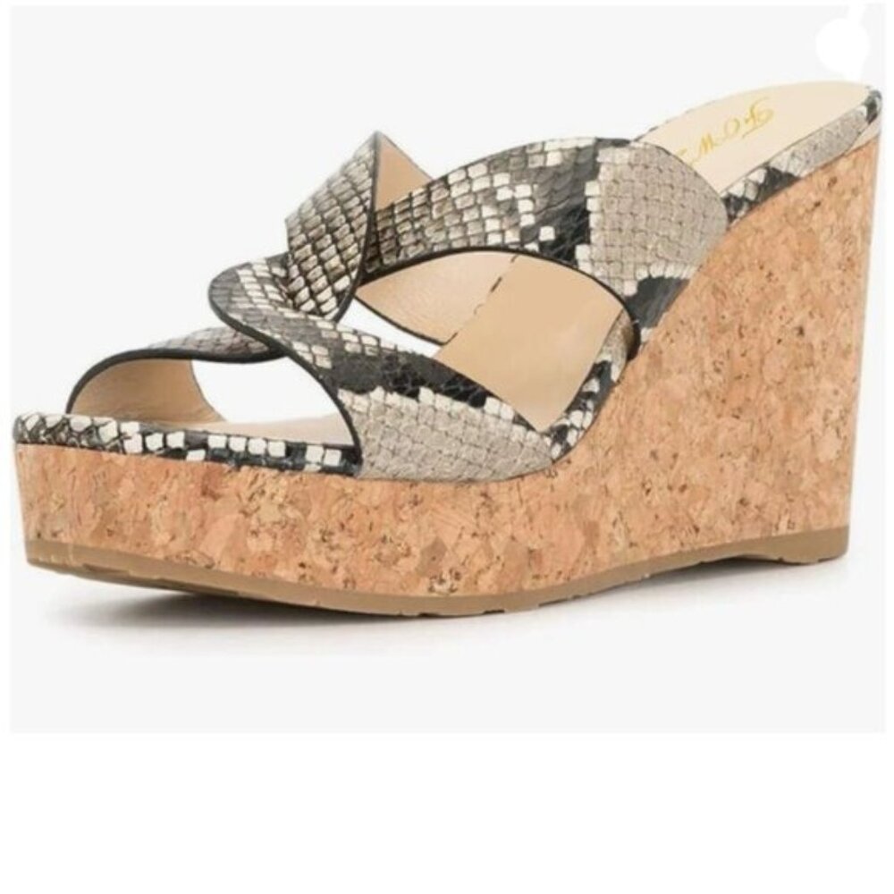 FOWT Snake Skin Almond Toe Cross Strap Slip on Platform Wedge Heel Slide Sandals